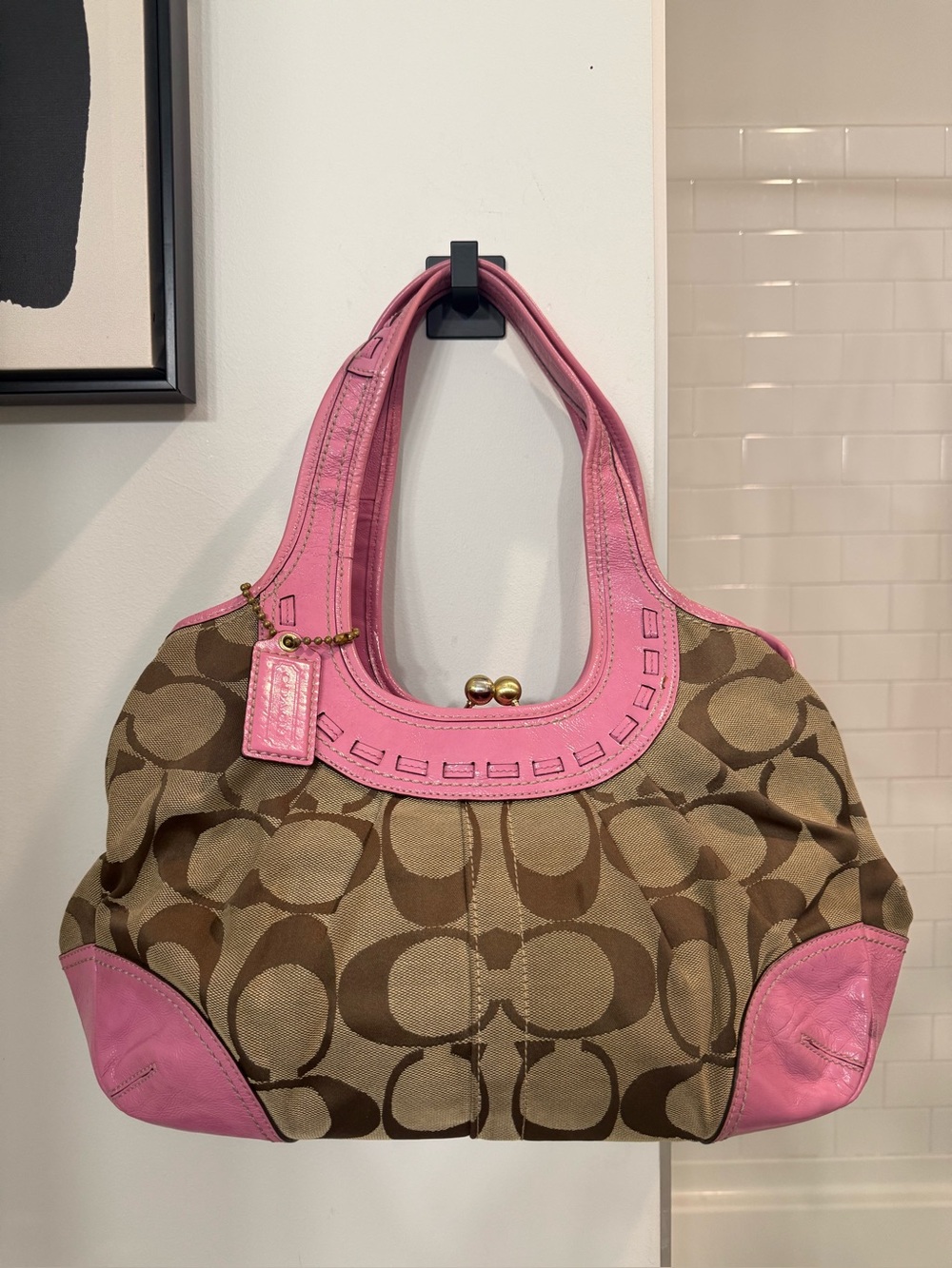 Coach (2008) Ergo Signature Pleated Kisslock Satchel- Pink
